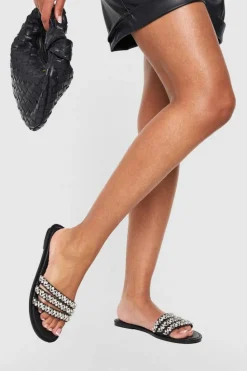 Sandals*boohoo Wide Fit Multi Strap Rhinestone Embellished Sandals black