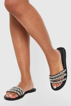 Sandals*boohoo Wide Fit Multi Strap Rhinestone Embellished Sandals black