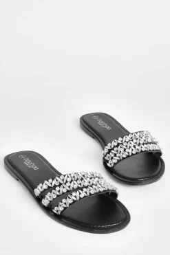 Sandals*boohoo Wide Fit Multi Strap Rhinestone Embellished Sandals black