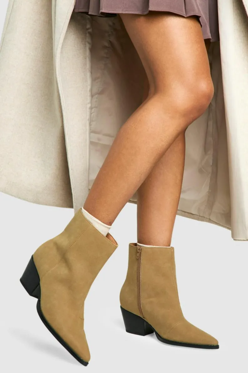 Heels|Cowboy Boots*boohoo Wide Fit Nubuck Low Block Ankle Western Boots taupe