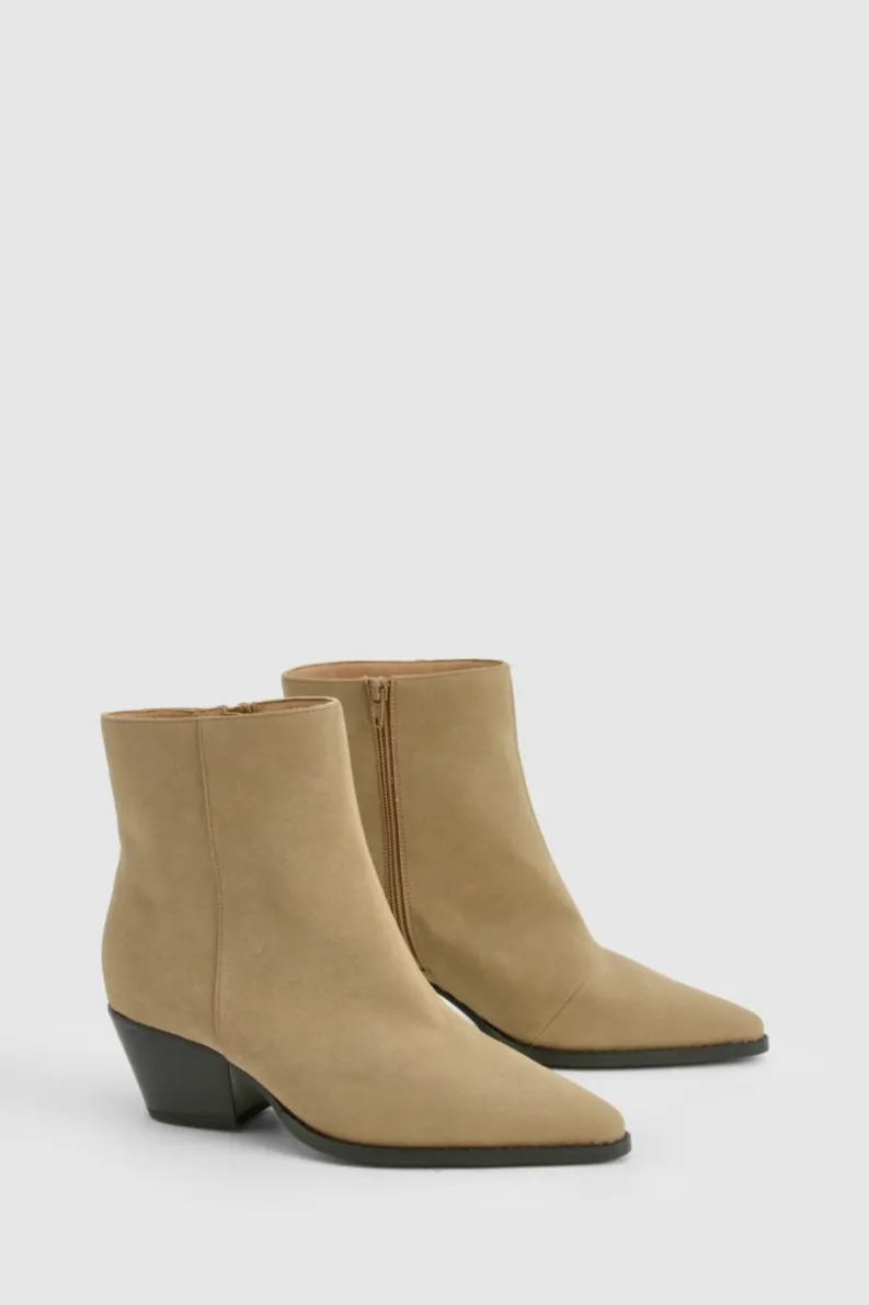 Heels|Cowboy Boots*boohoo Wide Fit Nubuck Low Block Ankle Western Boots taupe