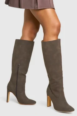 Over The Knee Boots|Heeled Boots*boohoo Wide Fit Nubuck Low Heel Knee High Boots brown