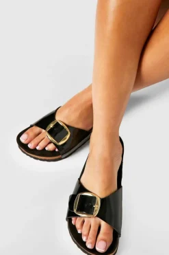 Sandals*boohoo Wide Fit Oversized Buckle Patent Footbed Sliders black