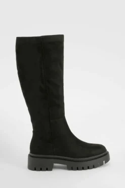 Over The Knee Boots|Knee High Boots*boohoo Wide Fit Panel Detail Chunky Knee High Boot black