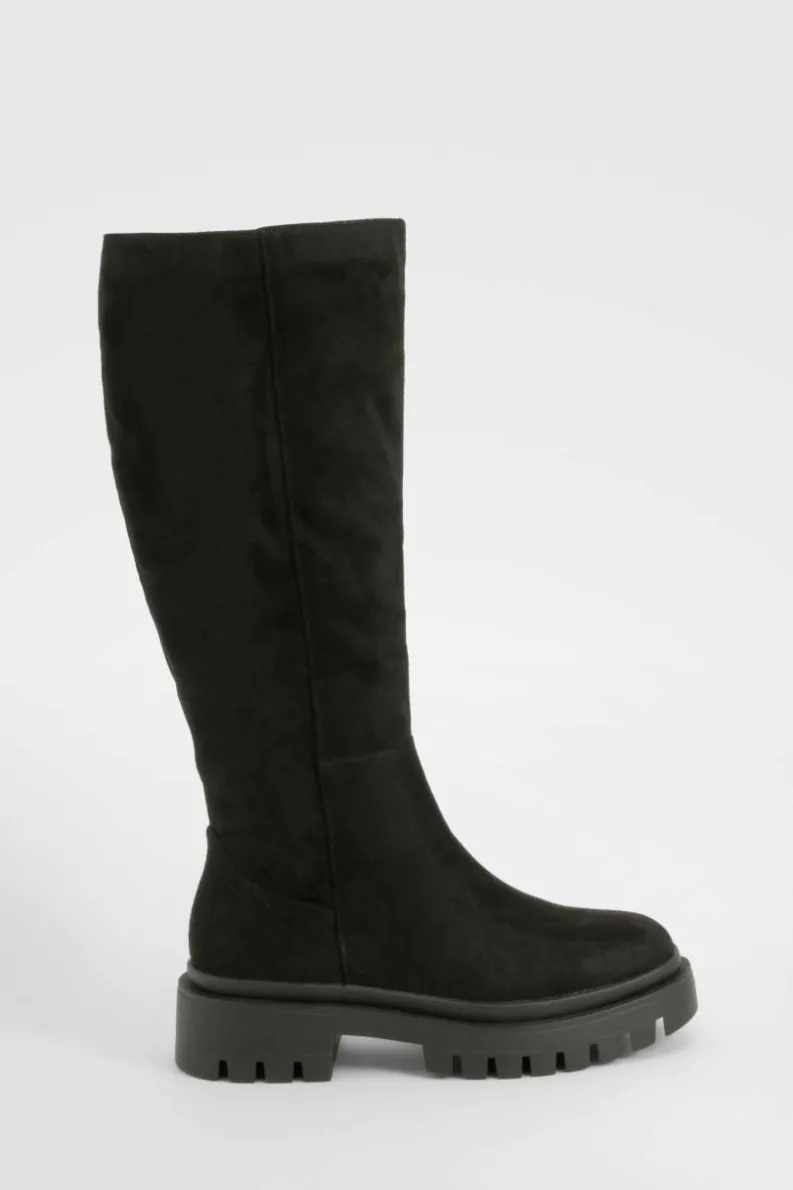 Over The Knee Boots|Knee High Boots*boohoo Wide Fit Panel Detail Chunky Knee High Boot black