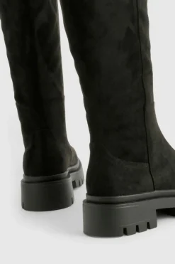 Over The Knee Boots|Knee High Boots*boohoo Wide Fit Panel Detail Chunky Knee High Boot black