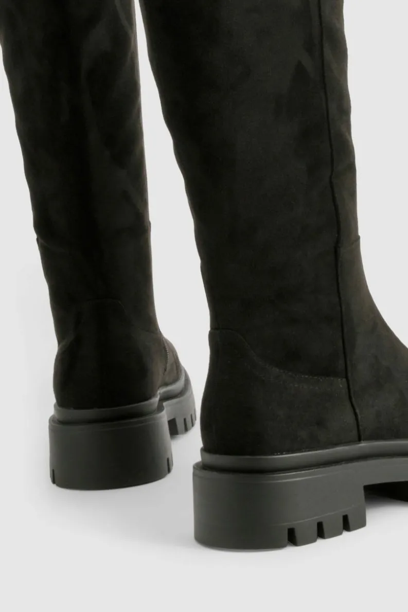 Over The Knee Boots|Knee High Boots*boohoo Wide Fit Panel Detail Chunky Knee High Boot black