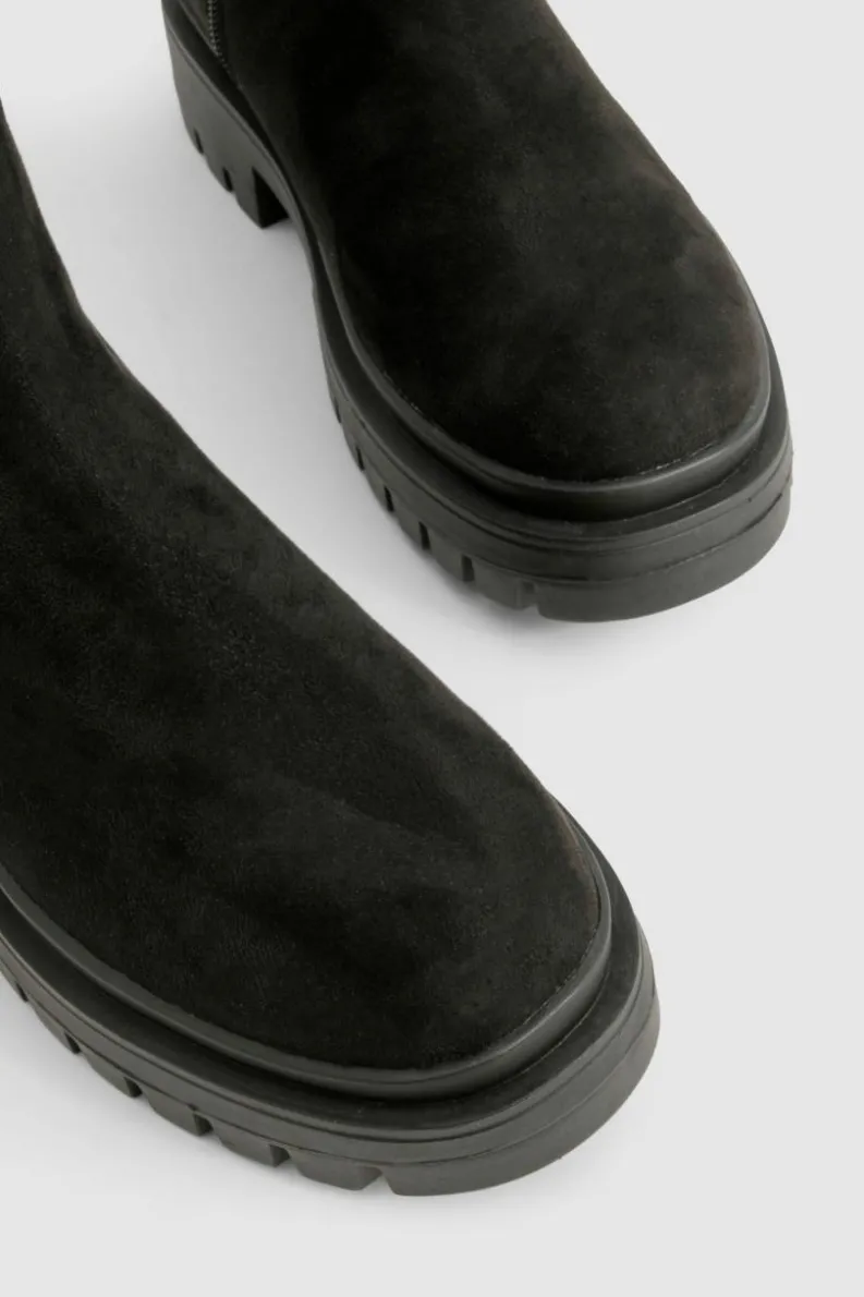 Over The Knee Boots|Knee High Boots*boohoo Wide Fit Panel Detail Chunky Knee High Boot black
