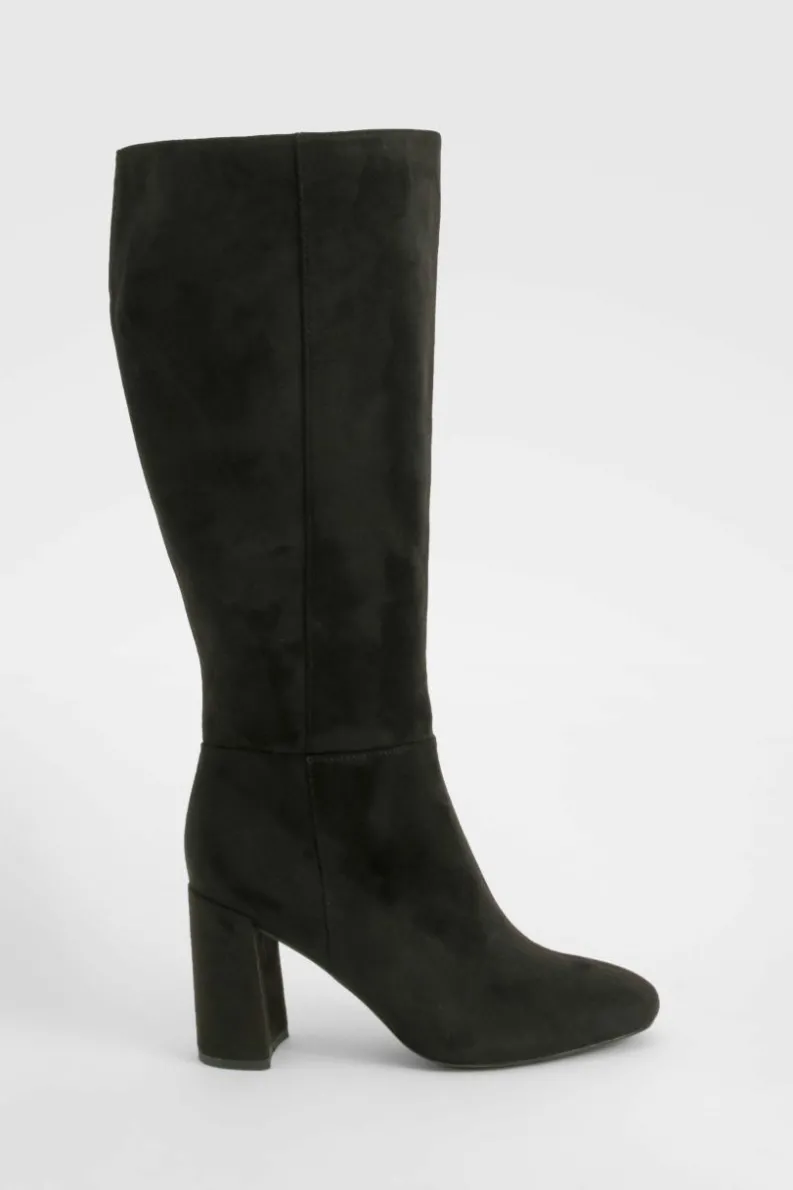 Over The Knee Boots|Knee High Boots*boohoo Wide Fit Panel Detail Heeled Knee High Boots black