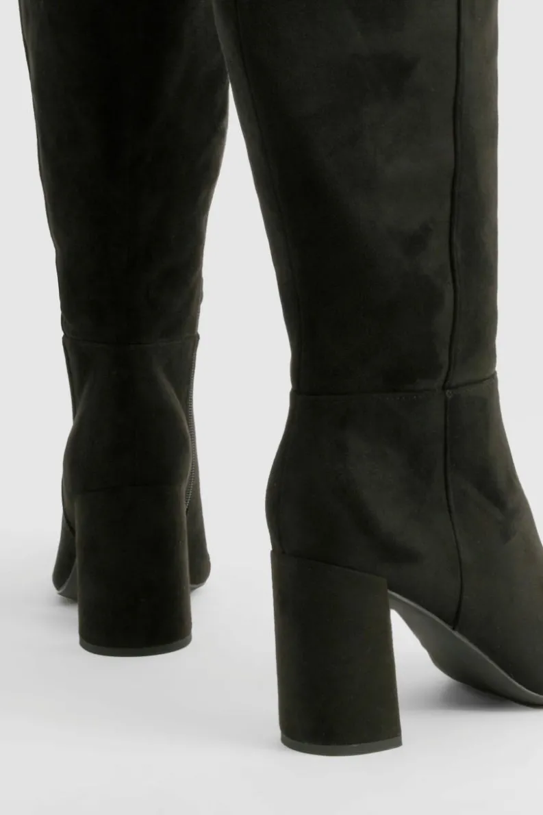 Over The Knee Boots|Knee High Boots*boohoo Wide Fit Panel Detail Heeled Knee High Boots black