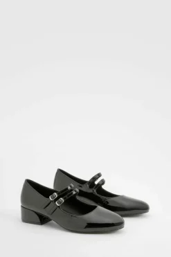 Ballet Flats|Flats*boohoo Wide Fit Patent Double Strap Mary Jane Ballets black