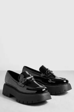 Flats*boohoo Wide Fit Platform Chunky Sole T Bar Loafers black