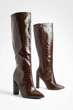 Over The Knee Boots|Knee High Boots*boohoo Wide Fit Pointed Toe Croc Knee High Boot chocolate
