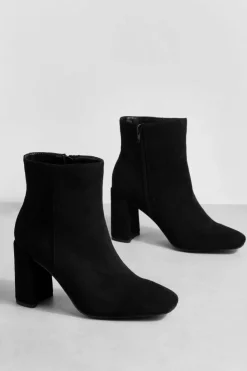 Heels|Heeled Boots*boohoo Wide Fit Round Toe Block Heel Faux Suede Ankle Boots black
