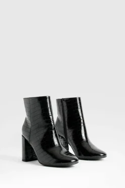 Heels|Heeled Boots*boohoo Wide Fit Round Toe Block Heel Croc Ankle Boots black