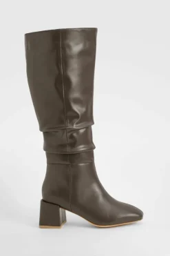 Heels|Over The Knee Boots*boohoo Wide Fit Ruched Block Knee High Boots chocolate