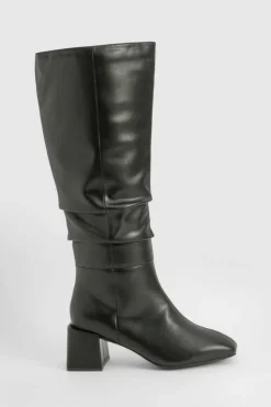 Heels|Over The Knee Boots*boohoo Wide Fit Ruched Block Knee High Boots black