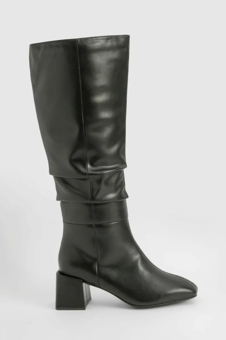 Heels|Over The Knee Boots*boohoo Wide Fit Ruched Block Knee High Boots black