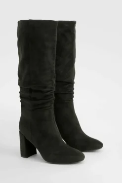 Over The Knee Boots|Heeled Boots*boohoo Wide Fit Ruched Heeled Knee High Boots black