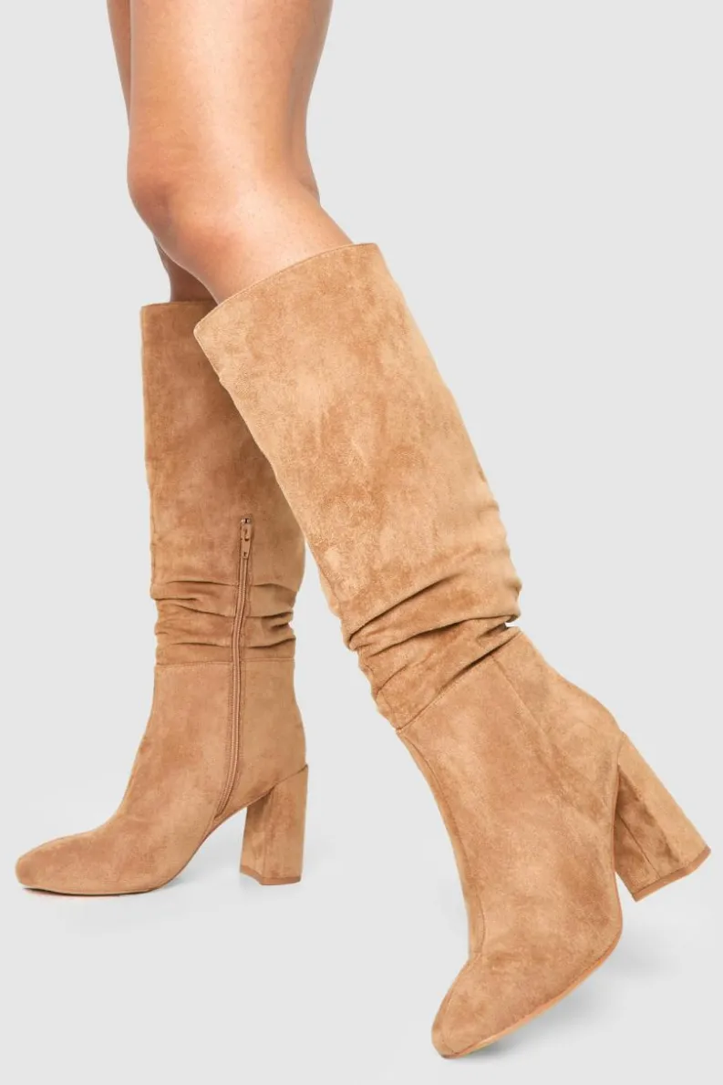 Over The Knee Boots|Knee High Boots*boohoo Wide Fit Ruched Heeled Knee High Boots camel
