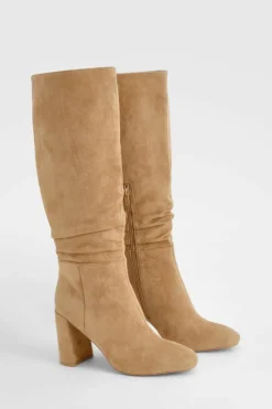 Over The Knee Boots|Knee High Boots*boohoo Wide Fit Ruched Heeled Knee High Boots camel