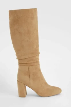 Over The Knee Boots|Knee High Boots*boohoo Wide Fit Ruched Heeled Knee High Boots camel