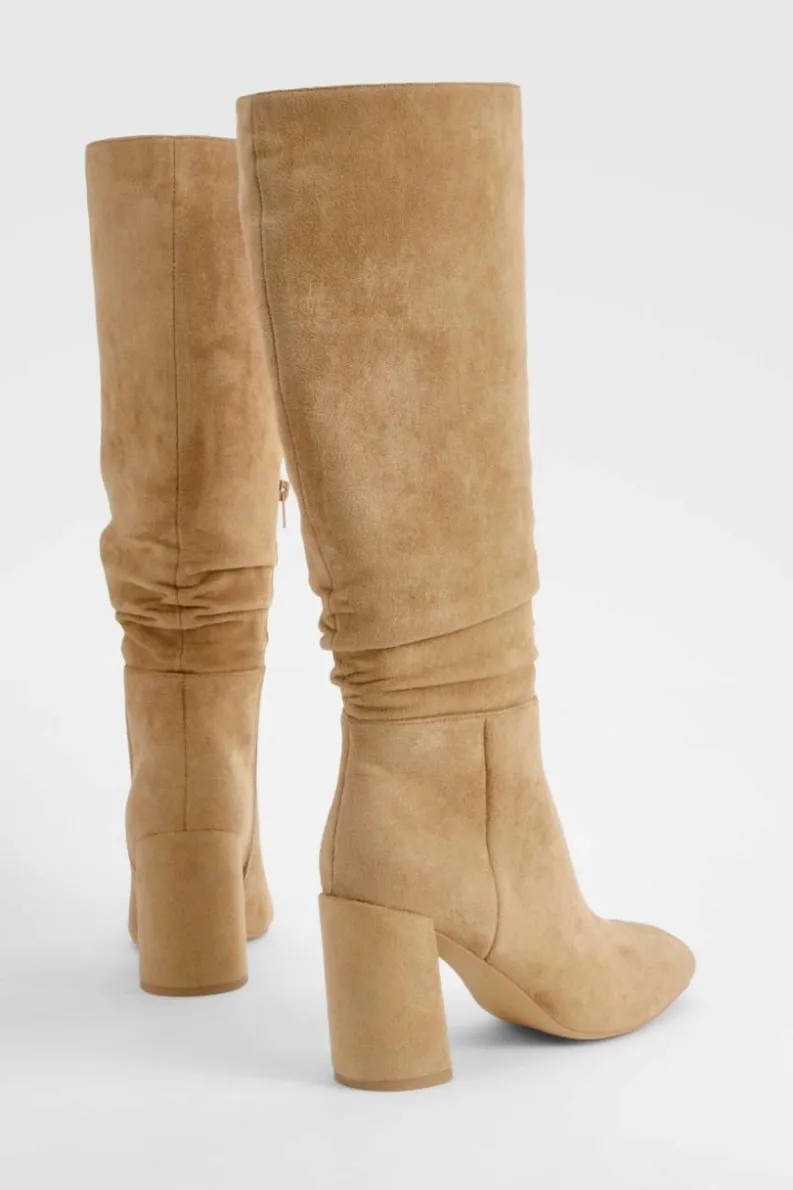 Over The Knee Boots|Knee High Boots*boohoo Wide Fit Ruched Heeled Knee High Boots camel
