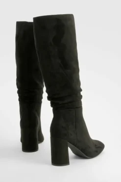 Over The Knee Boots|Knee High Boots*boohoo Wide Fit Ruched Heeled Knee High Boots black