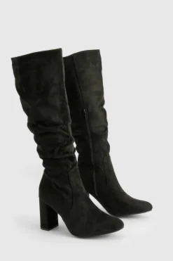 Heels|Over The Knee Boots*boohoo Wide Fit Slouchy Block Heel Knee High Boots black
