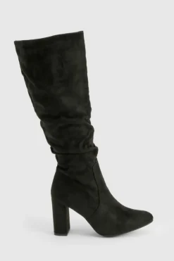Heels|Over The Knee Boots*boohoo Wide Fit Slouchy Block Heel Knee High Boots black