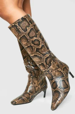 Over The Knee Boots*boohoo Wide Fit Snake Print Low Square Toe Knee High Boots brown