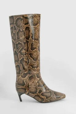 Over The Knee Boots*boohoo Wide Fit Snake Print Low Square Toe Knee High Boots brown