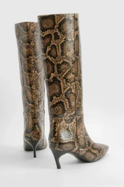 Over The Knee Boots*boohoo Wide Fit Snake Print Low Square Toe Knee High Boots brown