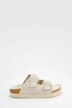 Sandals*boohoo Wide Fit Square Buckle Footbed Sliders ecru