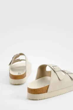 Sandals*boohoo Wide Fit Square Buckle Footbed Sliders ecru