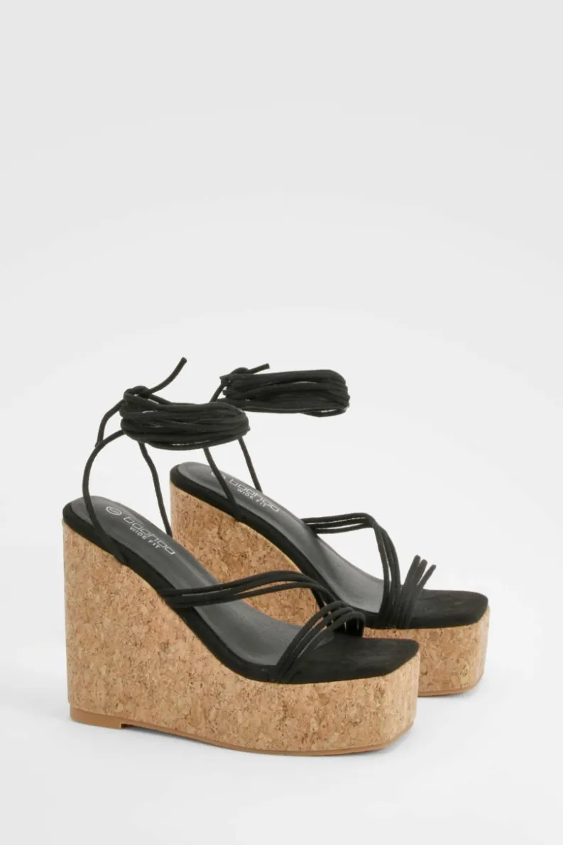 Wedges|Heels*boohoo Wide Fit Strappy Lace Up Cork Wedges black