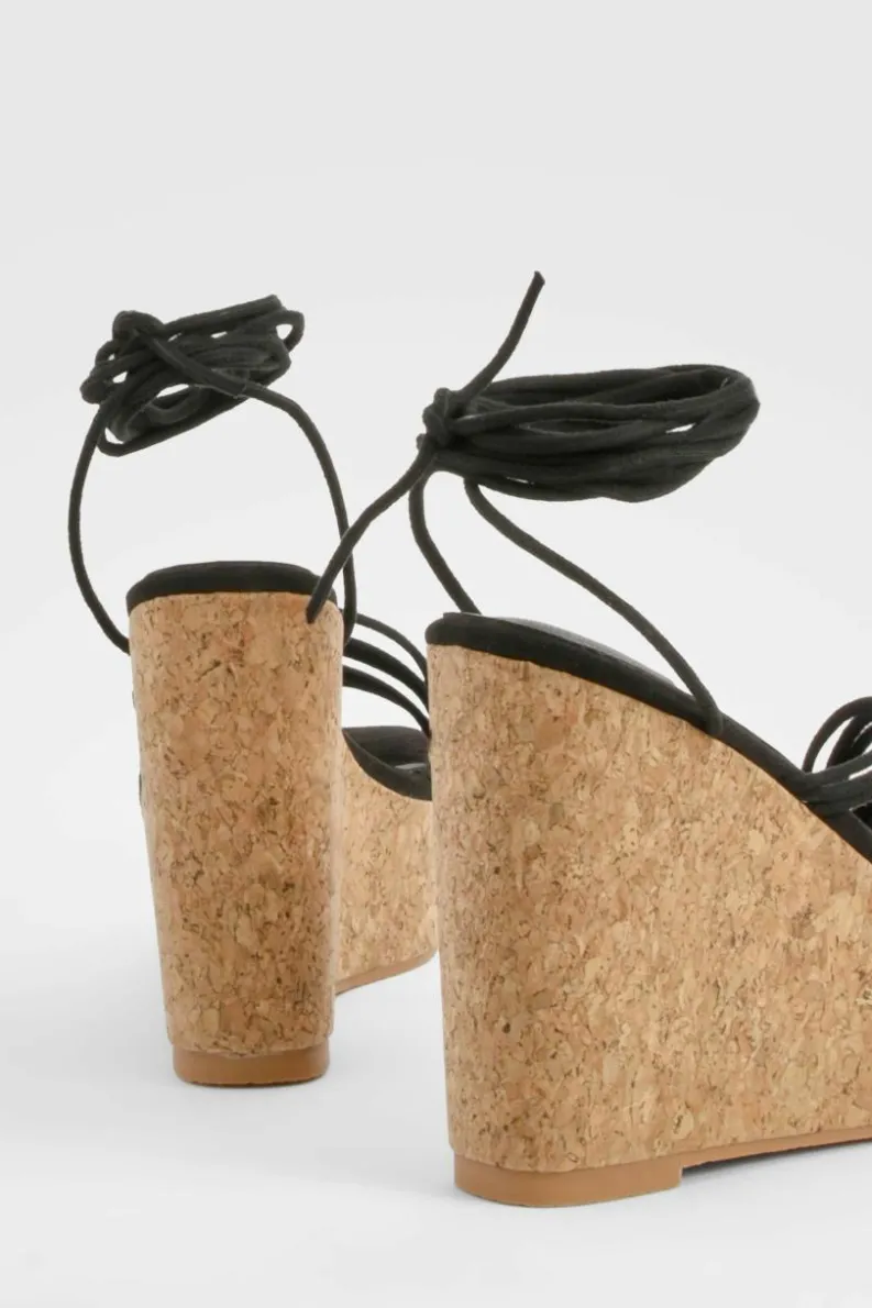 Wedges|Heels*boohoo Wide Fit Strappy Lace Up Cork Wedges black