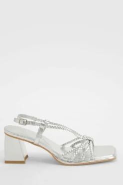 Heels*boohoo Wide Fit Strappy Plaited Block Heel Sandals silver