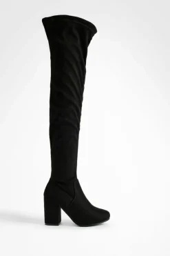 Heels|Over The Knee Boots*boohoo Wide Fit Stretch Block Heel Over The Knee Boots black