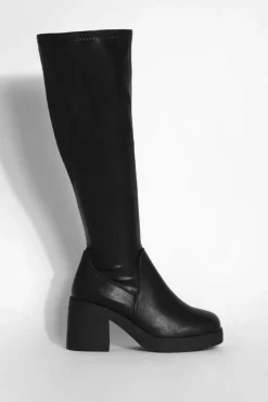 Heels|Calf High Boots*boohoo Wide Fit Stretch Block Heel Calf High Boots black