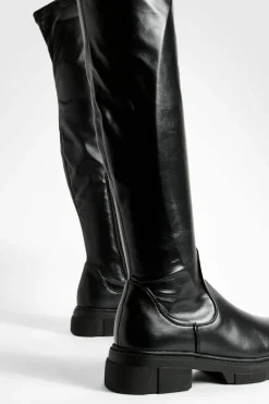 Over The Knee Boots|Knee High Boots*boohoo Wide Fit Stretch Pu Knee High Boots black