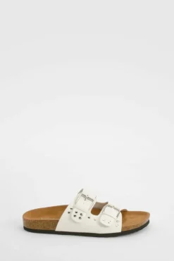 Sandals*boohoo Wide Fit Stud And Buckle Detail Footbed Sliders white