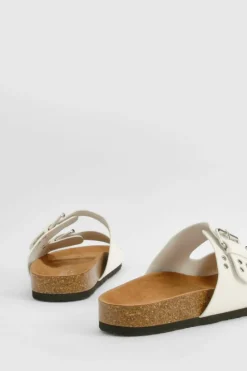 Sandals*boohoo Wide Fit Stud And Buckle Detail Footbed Sliders white