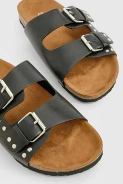 Sandals*boohoo Wide Fit Stud And Buckle Detail Footbed Sliders black