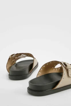 Sandals*boohoo Wide Fit Stud Detail Double Strap Buckle Sliders taupe
