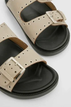 Sandals*boohoo Wide Fit Stud Detail Double Strap Buckle Sliders taupe