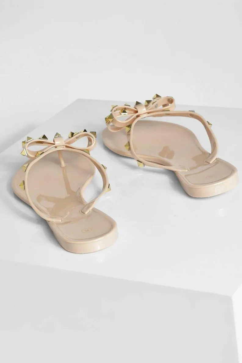 Sandals*boohoo Wide Fit Studded Bow Jelly Flip Flop nude