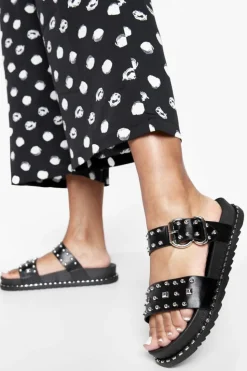 Sandals*boohoo Wide Fit Studded Detail Double Strap Slider black