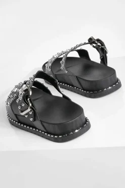 Sandals*boohoo Wide Fit Studded Detail Double Strap Slider black