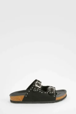 Sandals*boohoo Wide Fit Studded Double Buckle Footbed Sliders black